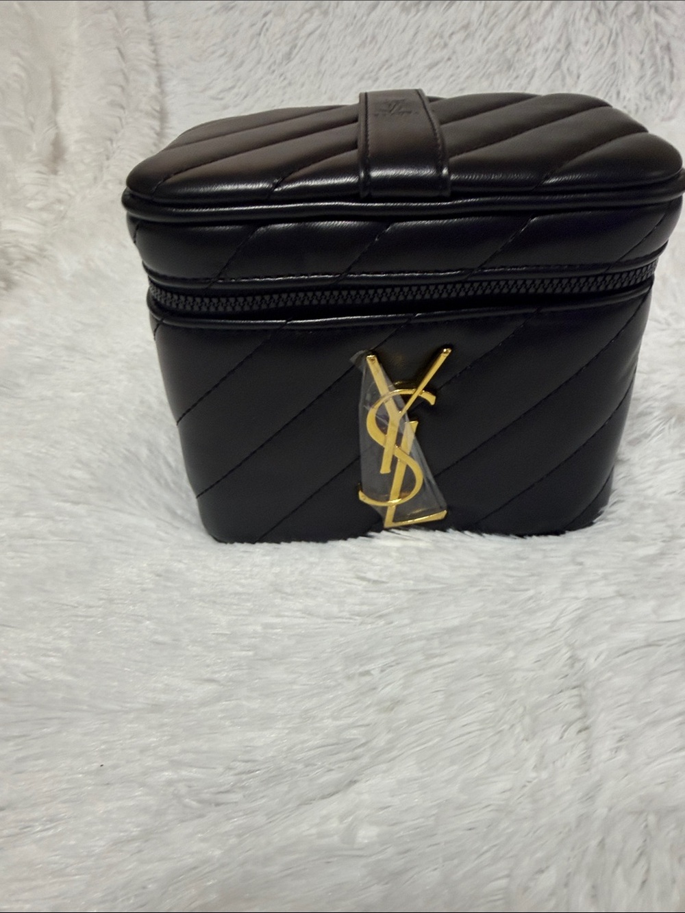 Yves Beaute Saint Laurent Black Quilted Leather Vanity Case with Gold Logo